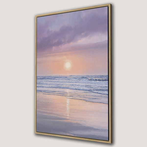 Framed Wall Art Canvas Print of a serene beach sunset. Soft pastel colors of pink, purple, and blue create a calming coastal vibe. Perfect home decor.