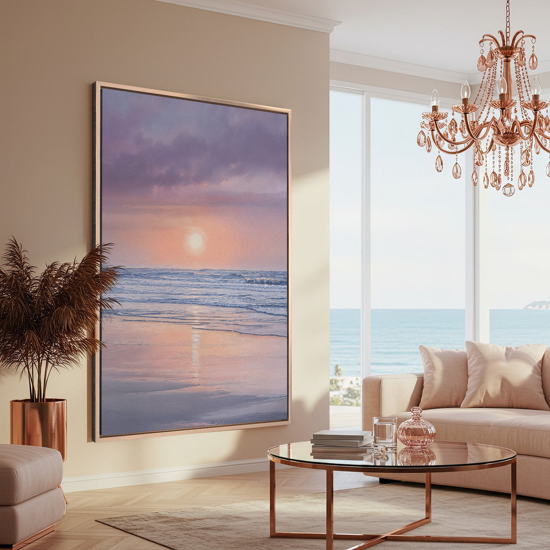 Framed Wall Art of a serene beach sunset in a coastal style. Soft pastel color palette of pinks, blues, and golds. Perfect for adding a calming touch.