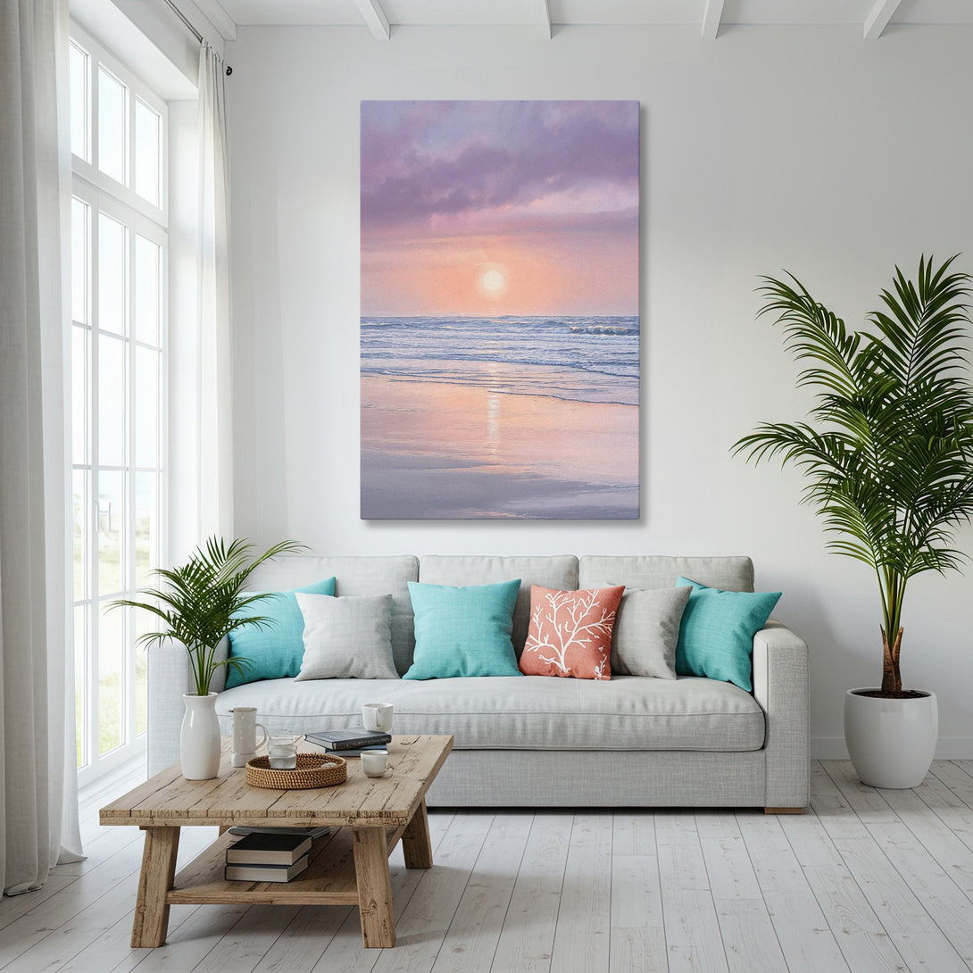 Framed Wall Art: Coastal sunset Canvas Print in a modern living room. Features a warm, pastel color palette and beach scene.