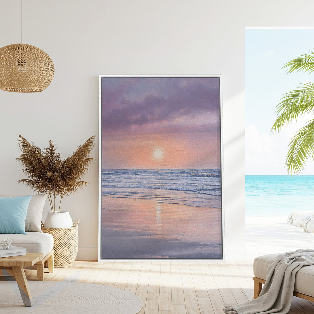 Framed Wall Art Canvas Print of a serene beach sunset in a coastal style, featuring a calming pastel color palette.