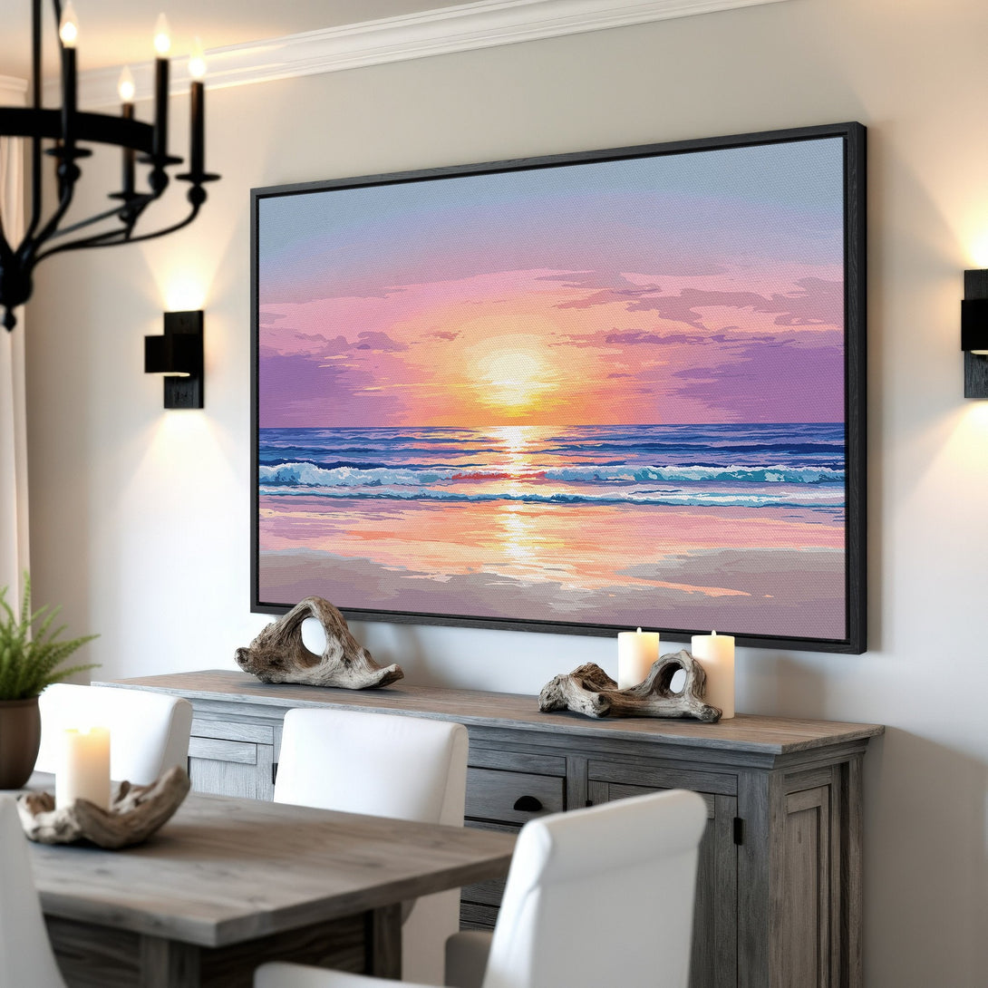 Framed Wall Art: Sunset beach scene in pink, purple, and blue hues. Coastal art style. Perfect for adding a calming touch to your home decor.