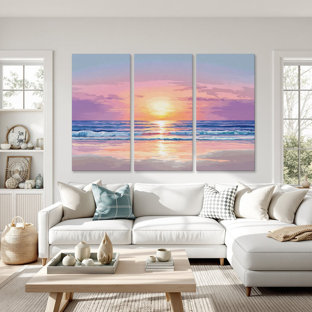 Canvas Print of a serene beach sunset in a calming pink and blue palette, perfect for coastal decor.