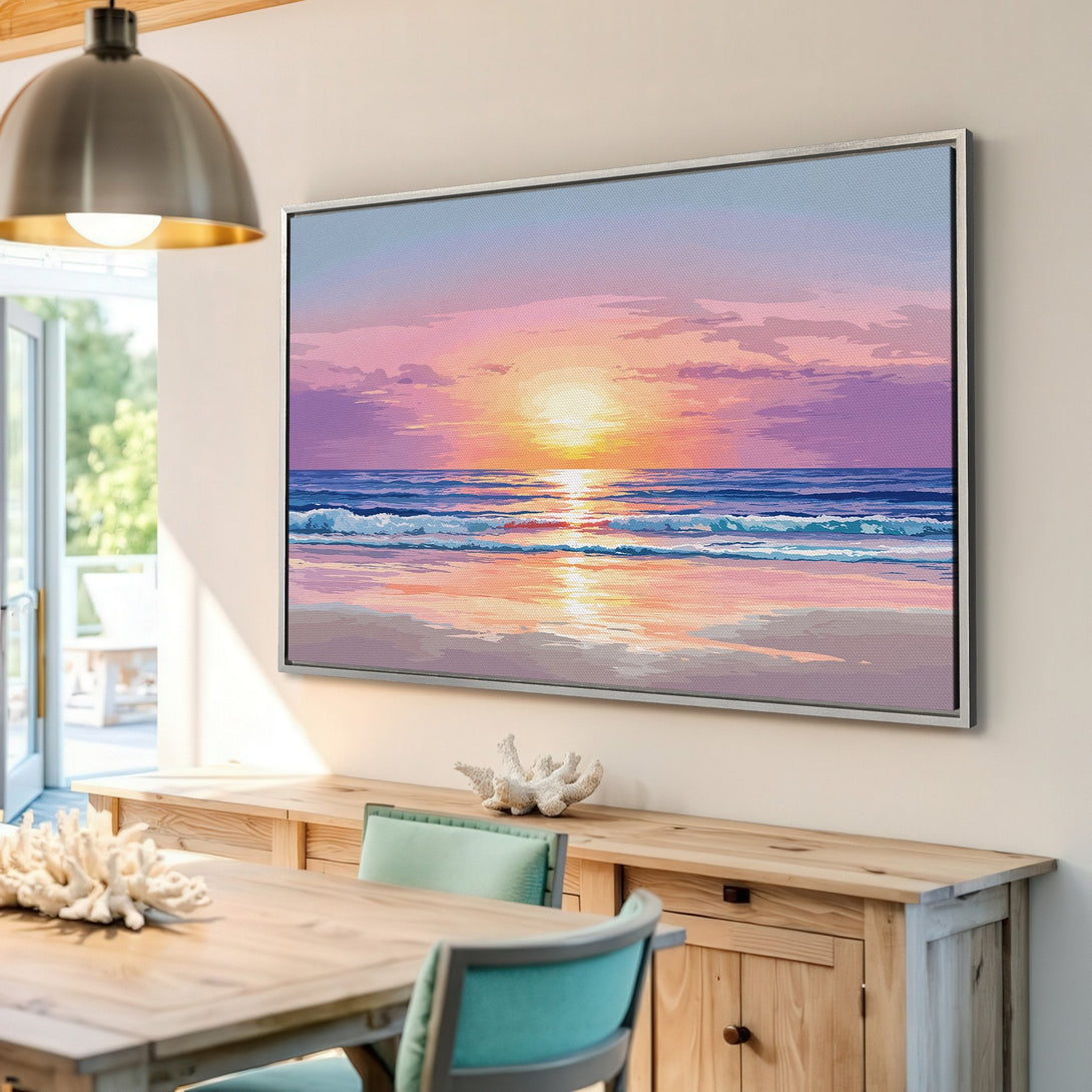 Framed Wall Art: Coastal sunset Canvas Print in a vibrant, pastel color palette. Perfect for adding a touch of serenity and style to your home decor.