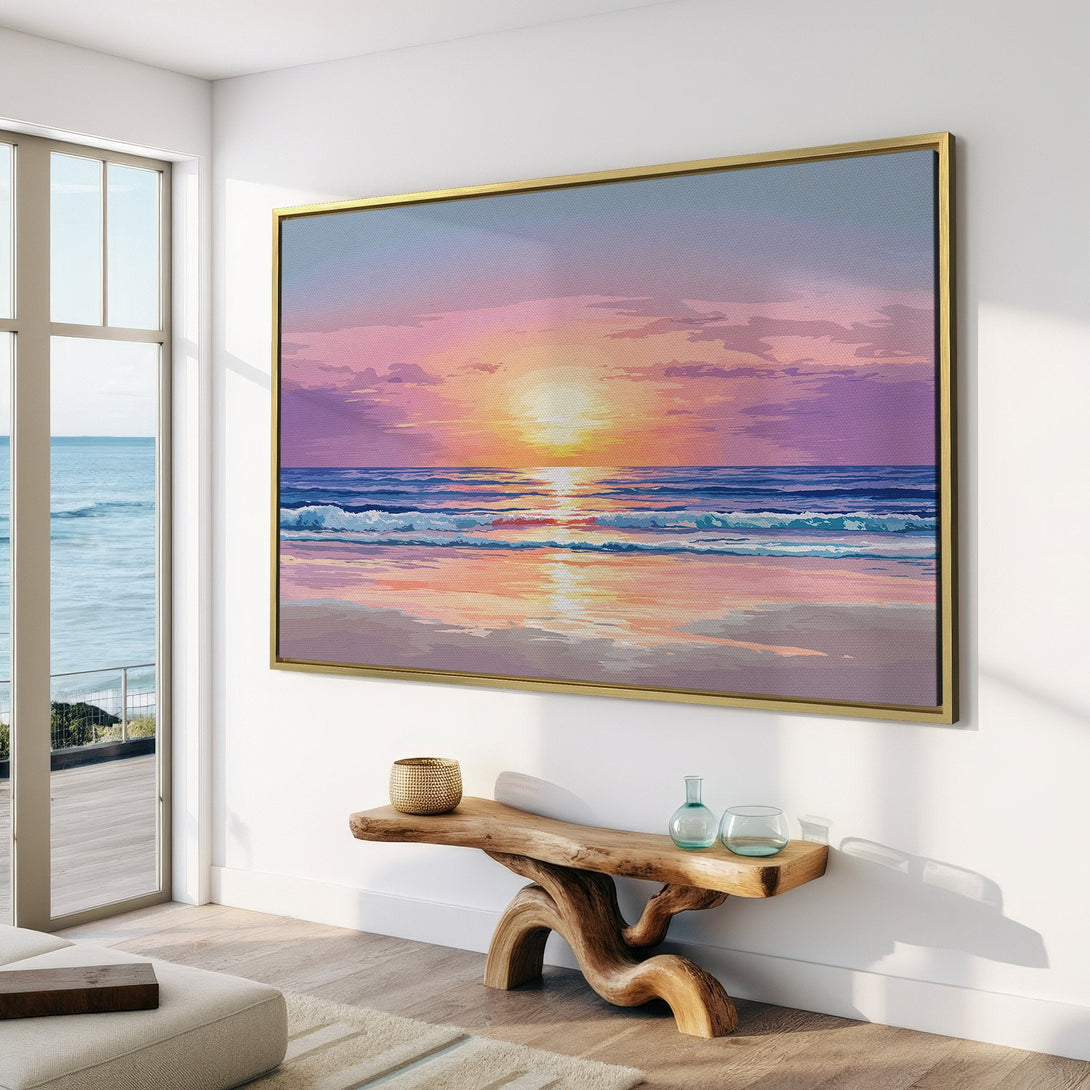 Canvas Print of a serene sunset over the ocean in a modern interior. Featuring a calming purple and pink color palette, perfect for any home.