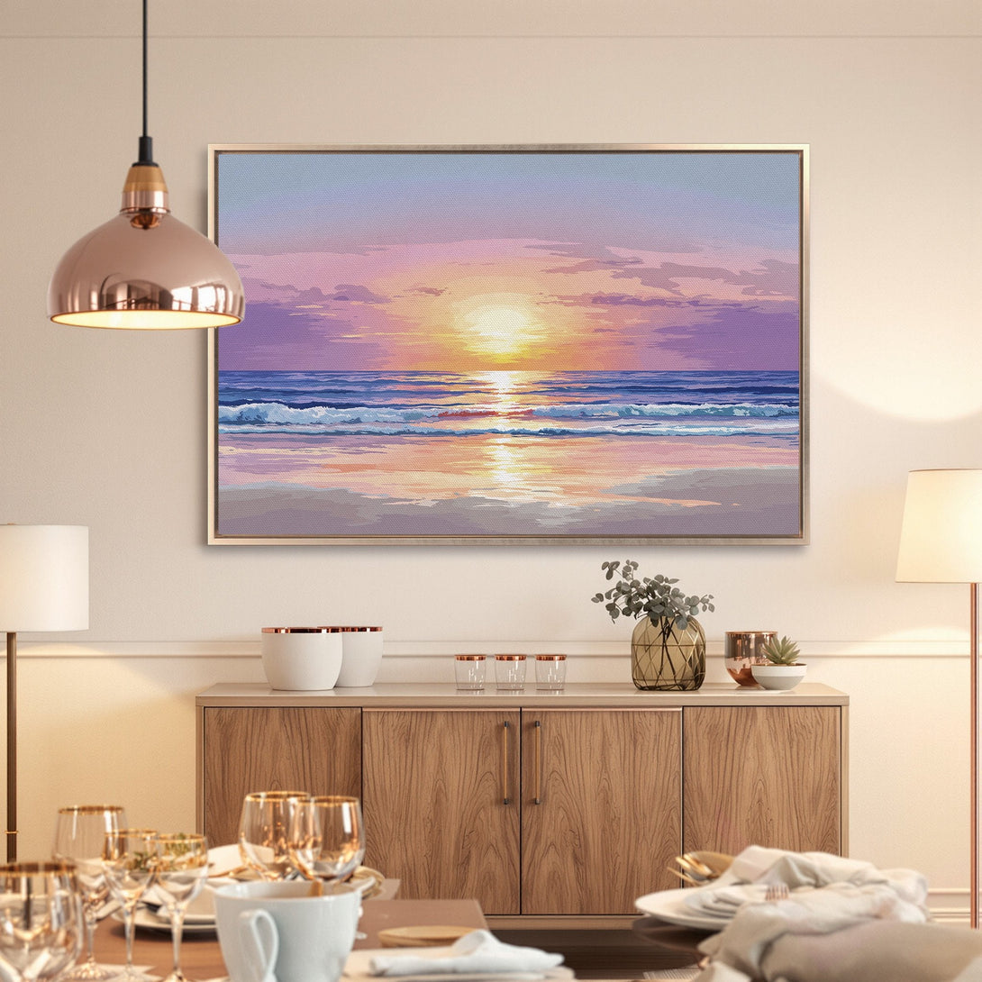 Framed Wall Art: Serene sunset beach scene in pastel purple and orange hues. Coastal style decor for a calming living space.