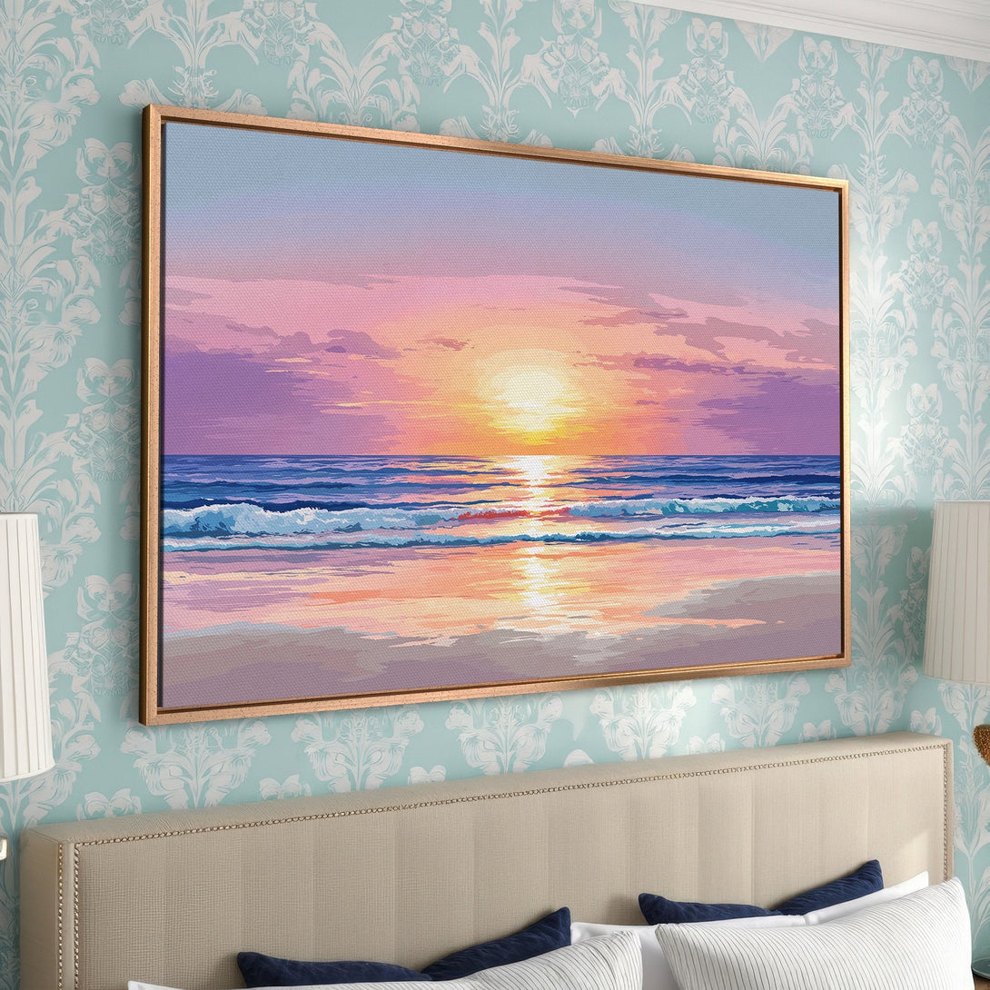 Framed Wall Art: Coastal sunset canvas print in a bedroom. Warm, vibrant colors of orange, pink, and purple create a relaxing, artistic vibe.