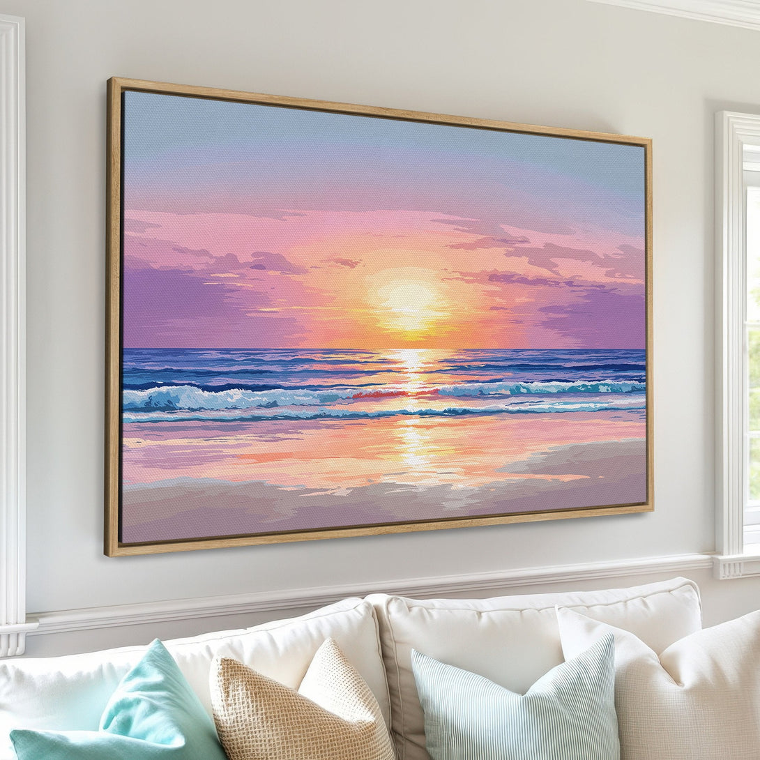 Canvas Print of a sunset over the ocean, showcasing a serene beach scene. Soft pastel colors of pink, purple, and blue create a calming aesthetic.