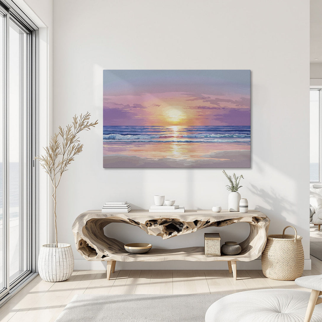 Framed Wall Art: Sunset beach scene in pinks, blues, and yellows. Coastal art print adds a serene touch to any interior. Bring the beach home!