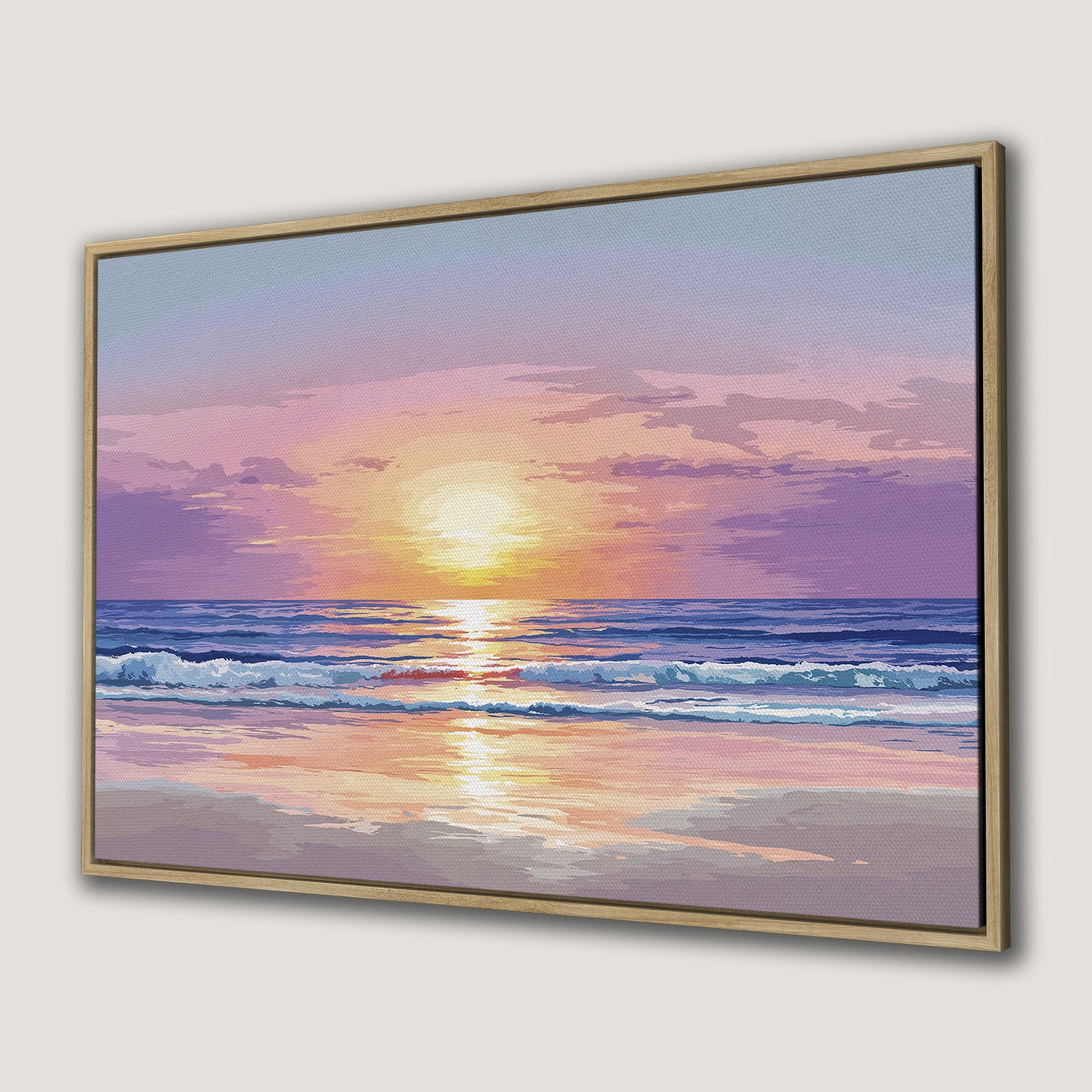 Framed Wall Art: Coastal sunset Canvas Print with a dreamy, impressionistic style. Features a vibrant palette of pinks, purples, and blues.