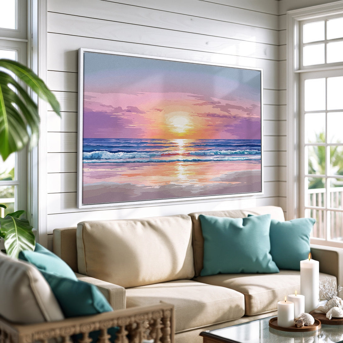 Framed Wall Art: Sunset beach scene in a coastal living room. Canvas print with a warm color palette of pinks, blues, and oranges. Perfect for home decor!