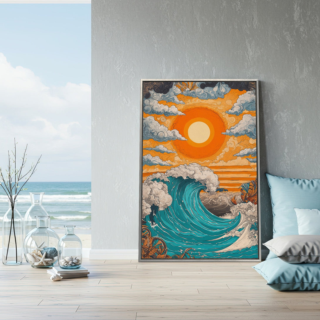 Framed Wall Art: Vibrant wave art in a retro style, featuring a teal wave against an orange sunset. Perfect for coastal decor and adding a pop of color.