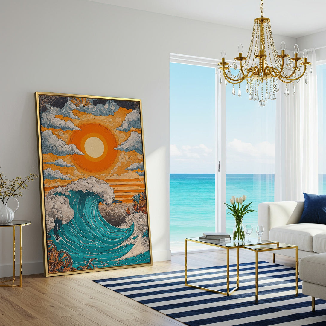 Canvas Print of a stylized ocean wave art piece with a warm orange and teal color palette, displayed in a modern living room.