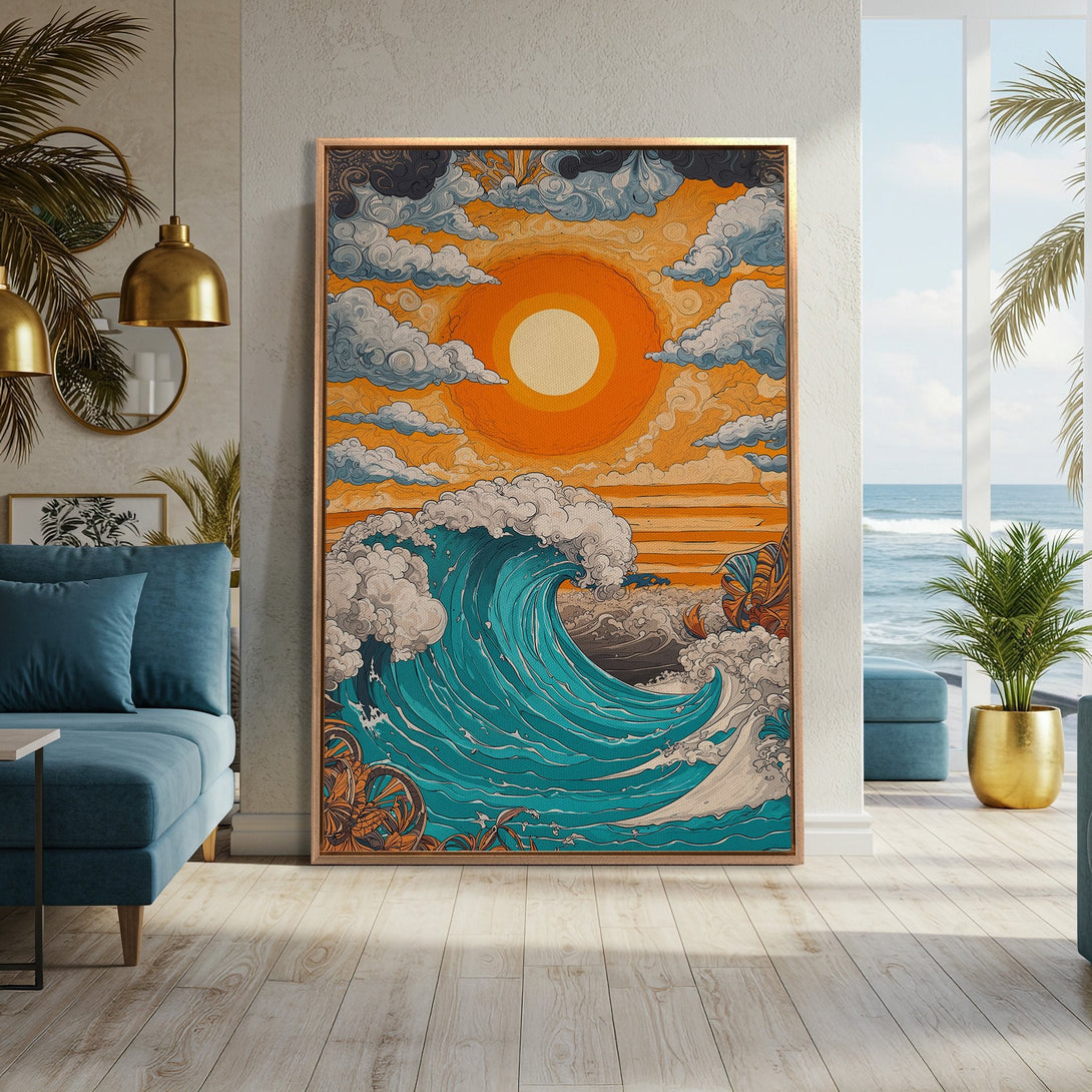 Framed Wall Art: Retro wave art print in a coastal interior. Features a vibrant teal, orange, and blue color palette. Perfect for adding a pop of color!