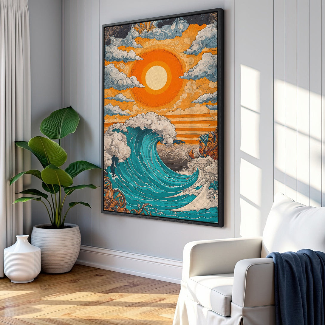 Framed Wall Art featuring a vibrant wave illustration in a retro style, with a warm orange and teal color palette, perfect for coastal decor.