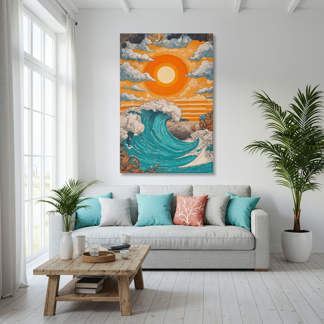 Framed Wall Art: Coastal wave art print in warm orange and teal tones. Perfect for beach house decor. Modern style canvas print.