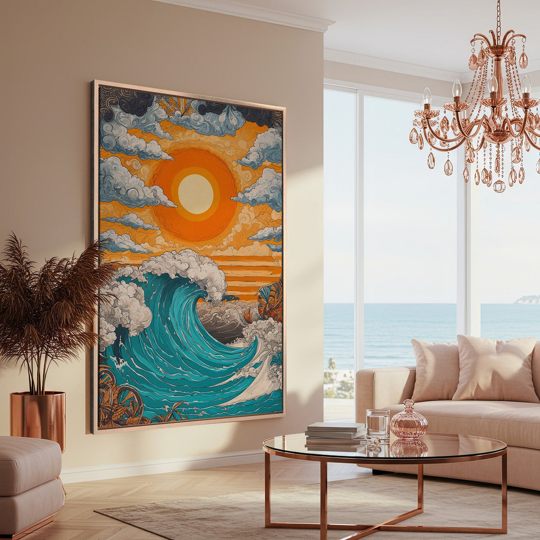 Framed Wall Art: Vibrant wave art in a coastal style, featuring a bold teal, orange, and cream color palette. Perfect for adding a pop of color to any space!