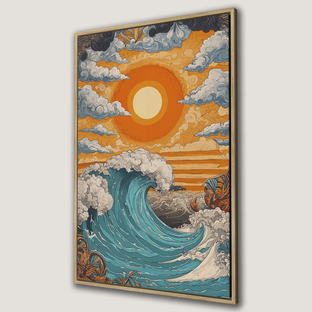Framed Wall Art: Stunning ocean wave art print in retro style with warm orange and blue hues. Perfect for adding a unique touch to your home decor.