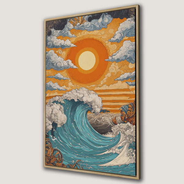 Framed Wall Art: Stunning ocean wave art print in retro style with warm orange and blue hues. Perfect for adding a unique touch to your home decor.