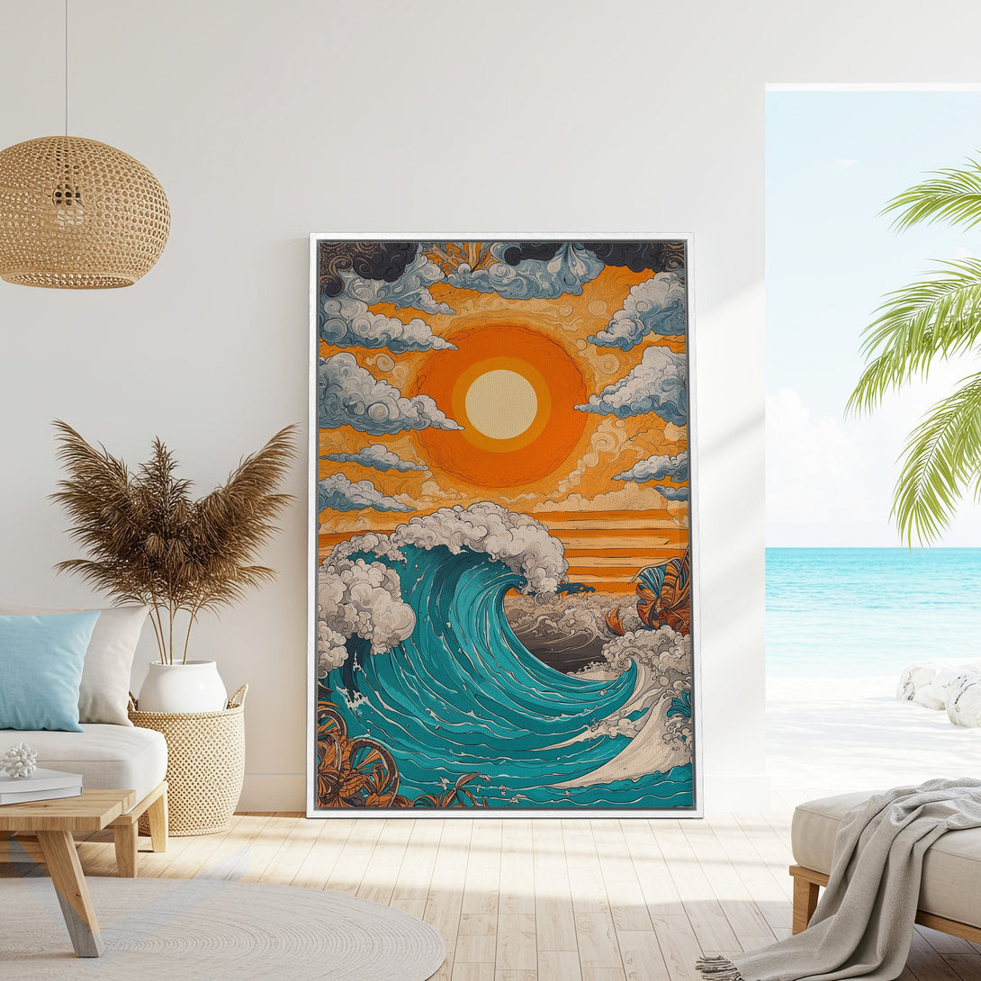 Framed Wall Art featuring a vibrant ocean wave illustration in a vintage style with a warm orange and teal color palette. Perfect coastal decor!