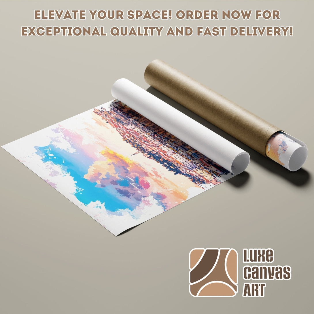 Poster Roll featuring watercolor cityscape art with blue, pink, and yellow hues. Elevate your space!