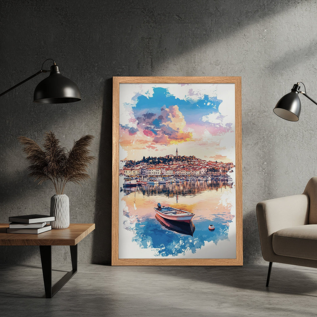 Framed Poster of a coastal town in watercolor style with a warm sunset color palette. Perfect wall art!