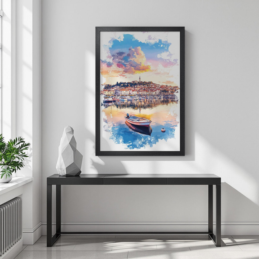 Framed Poster of coastal town art print with watercolor style and a vibrant sunset color palette. Perfect wall decor.