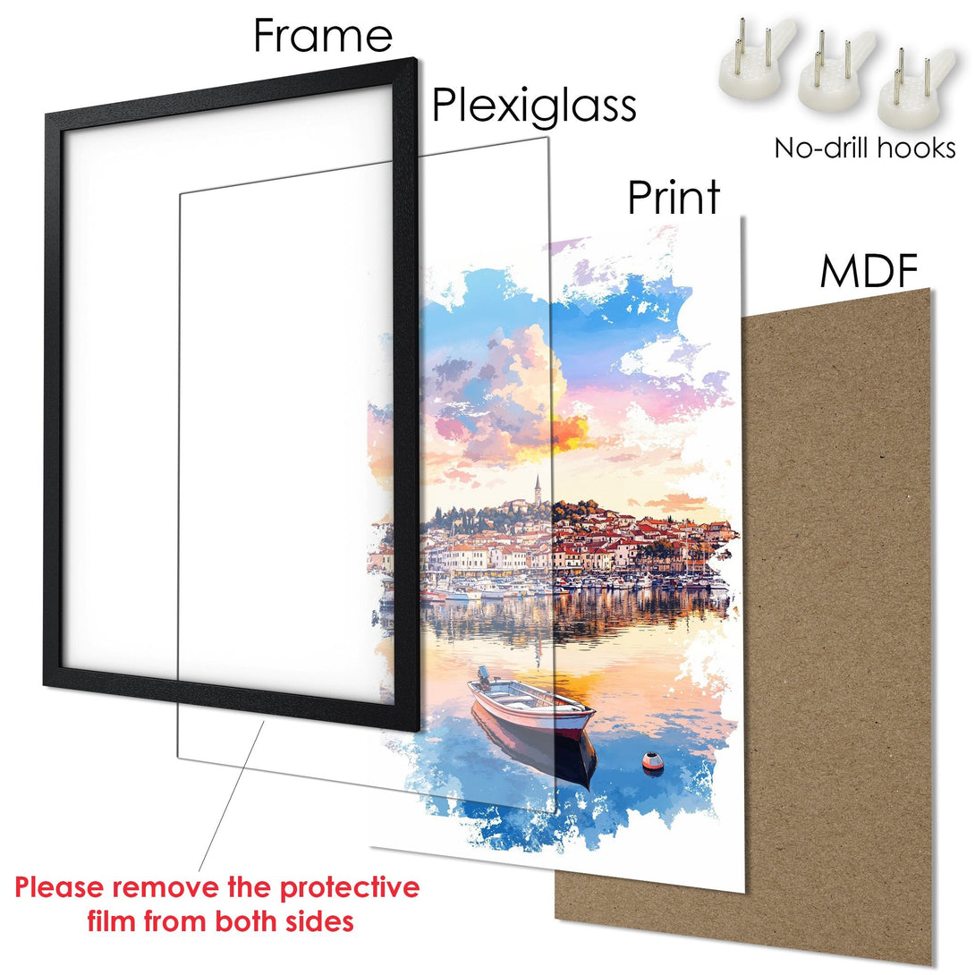 Framed Poster featuring a coastal town watercolor painting in a vibrant, colorful palette. Perfect wall art for your home!