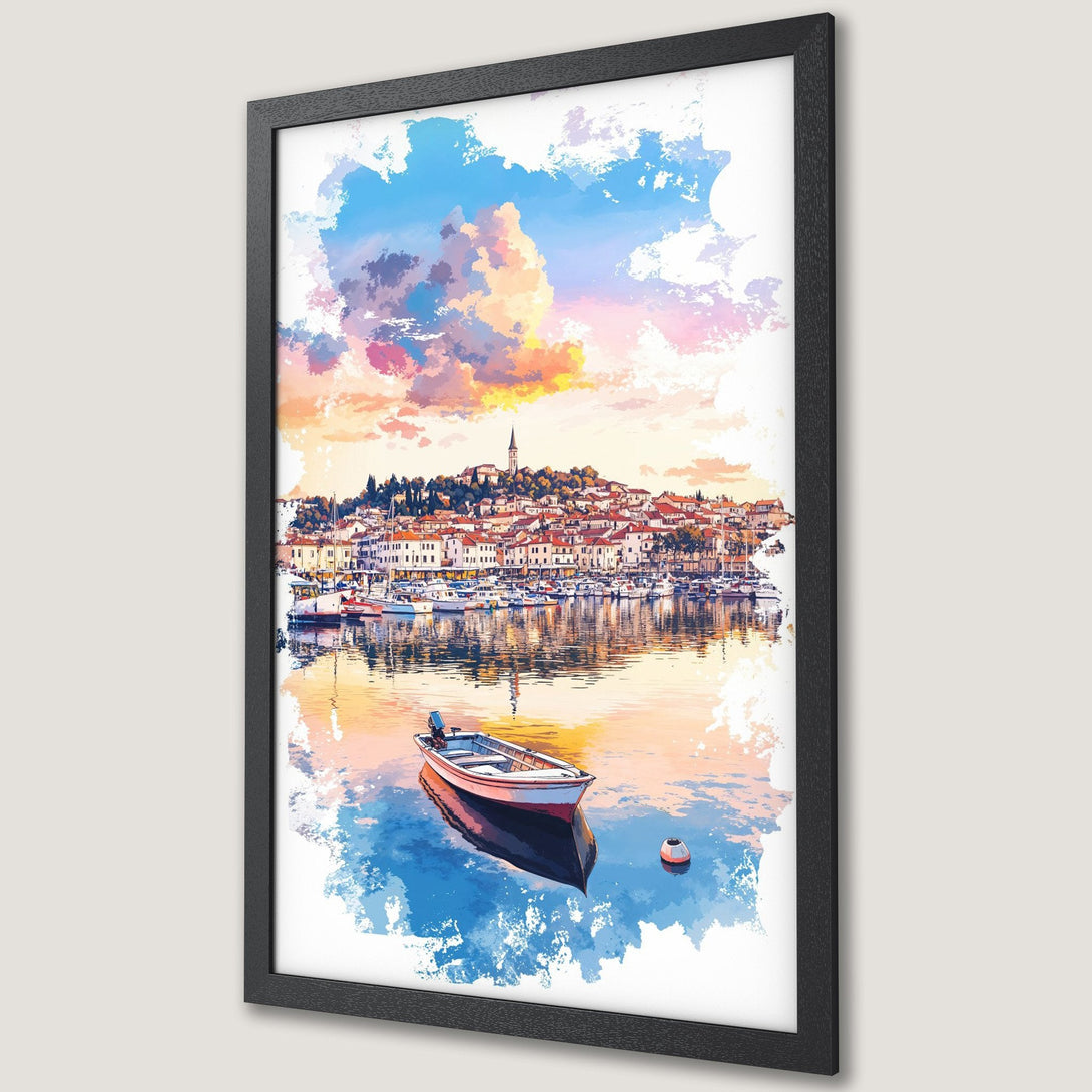 Framed Poster of a coastal town in watercolor style with a vibrant sunset color palette. Perfect wall art for your home!