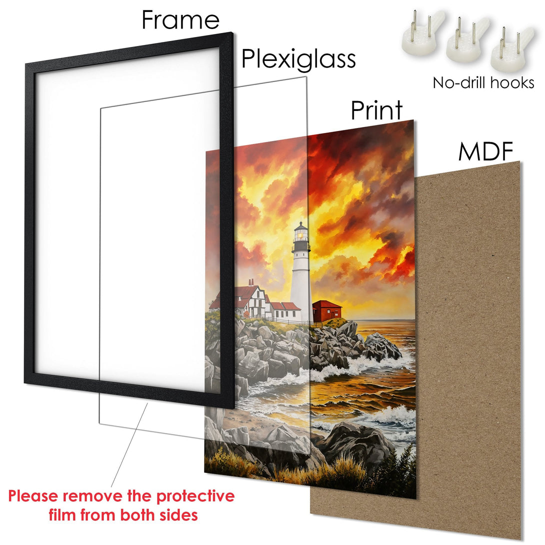 Framed Poster of a lighthouse at sunset. Dramatic style with warm orange and yellow hues. Perfect wall art!