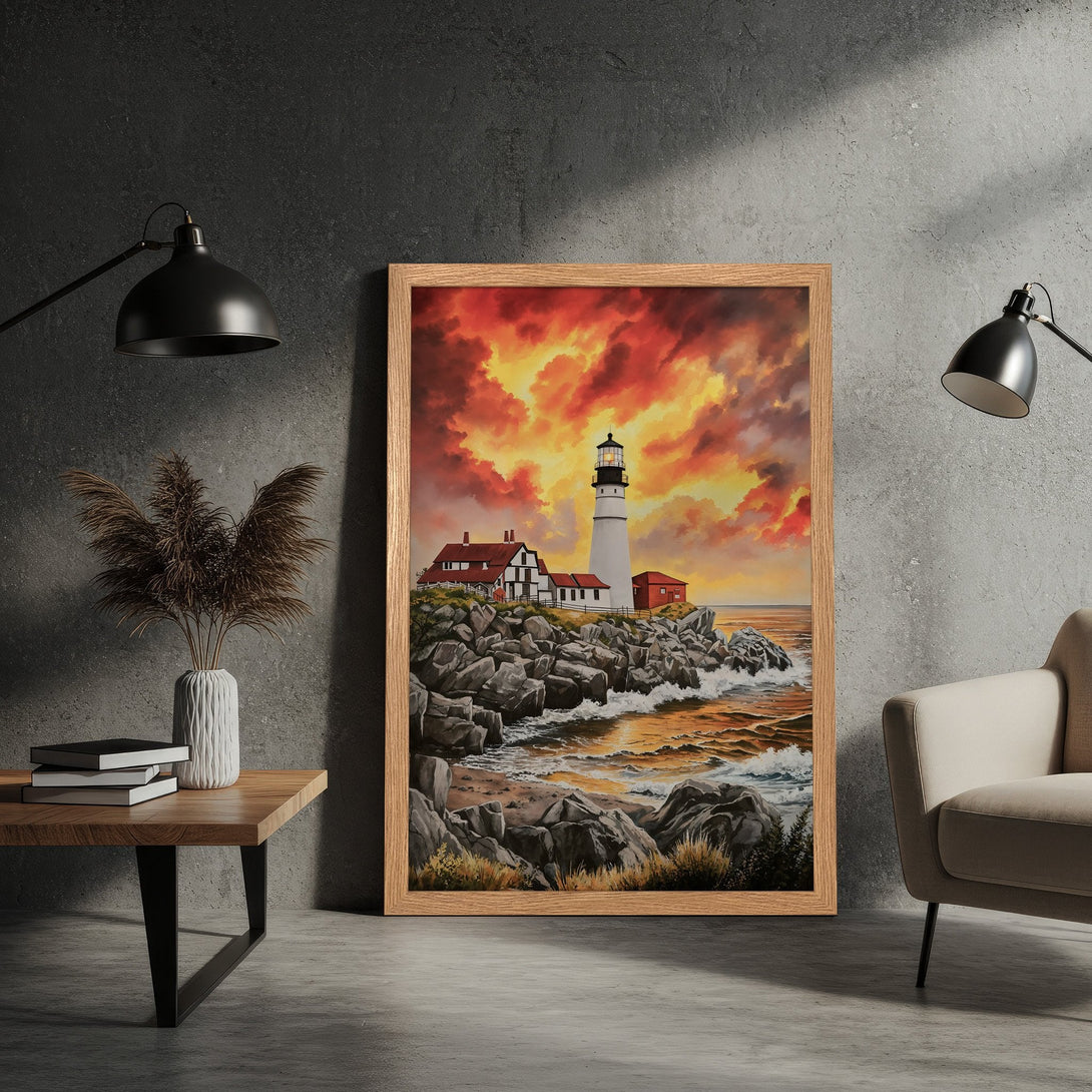 Framed Poster of a lighthouse painting with a dramatic sunset. Warm orange and yellow color palette, artistic style. Perfect wall art.