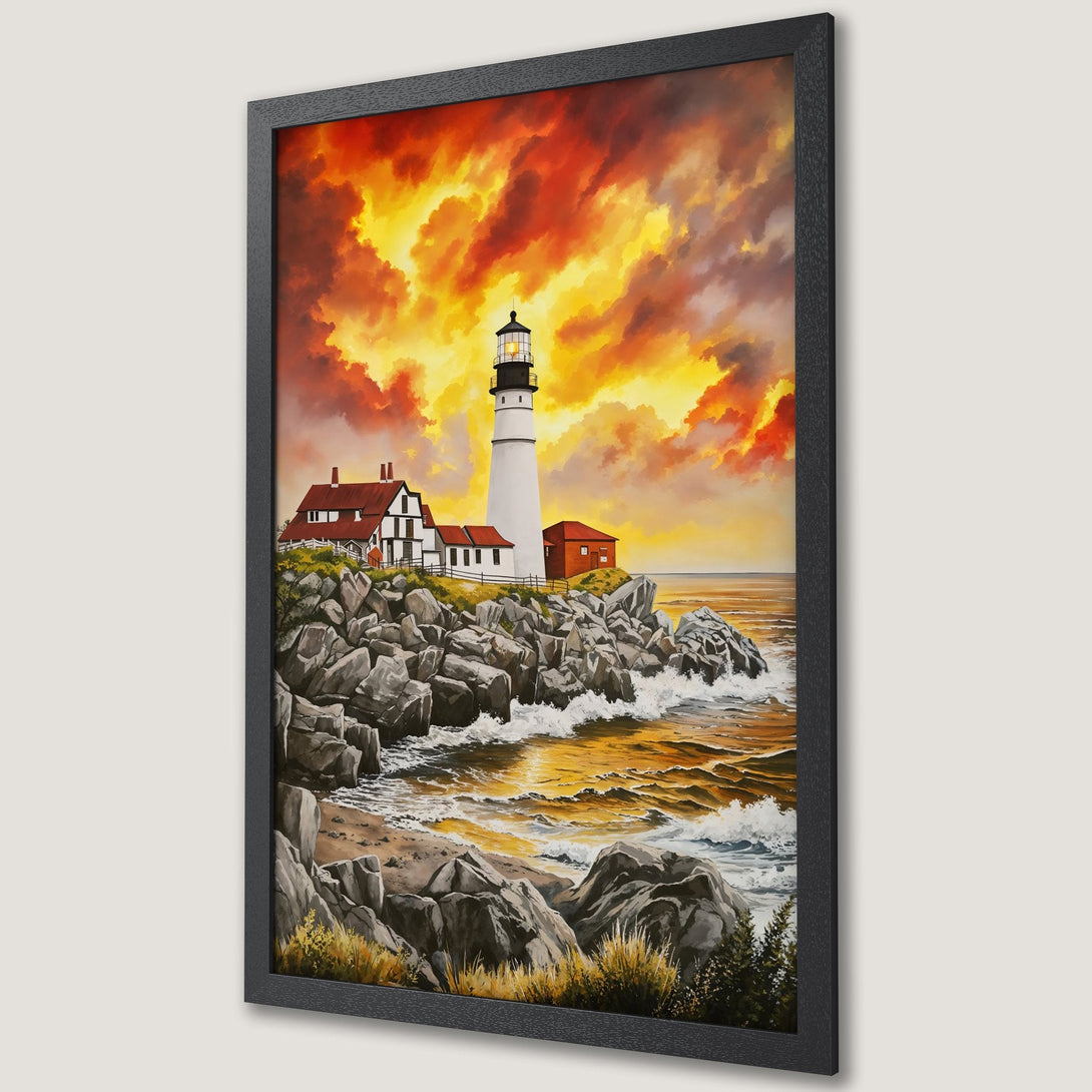 Framed Poster of a lighthouse at sunset. Dramatic art style with warm orange, yellow, and red color palette. Coastal landscape art print.