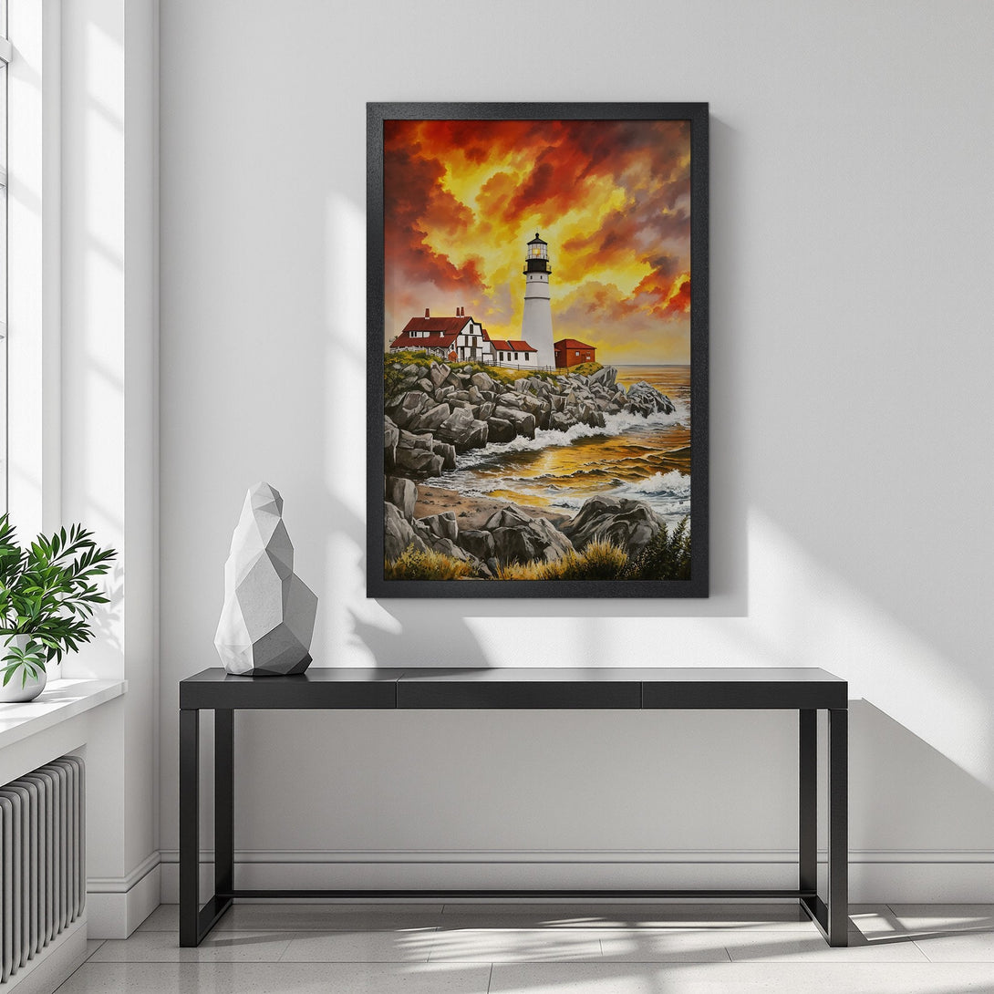 Framed Poster of a lighthouse at sunset. Vibrant, warm color palette. Coastal art for home decor.