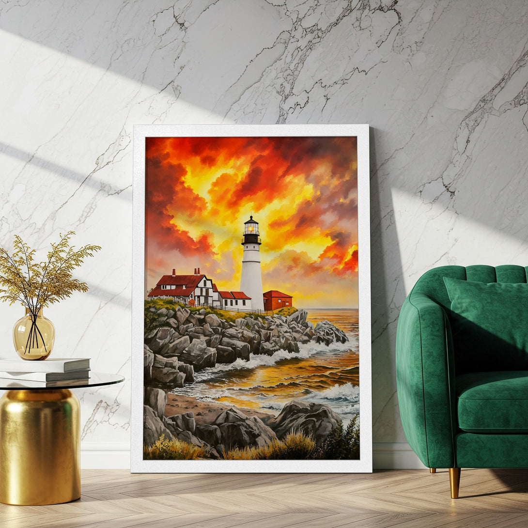 Framed Poster of a lighthouse painting with a fiery sunset. Features warm orange and yellow hues, perfect for adding a touch of art to your home.