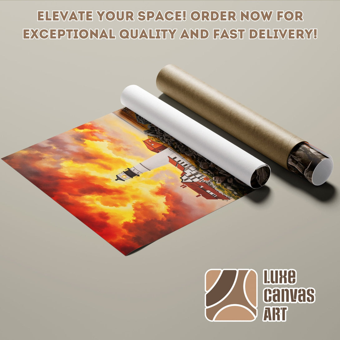 Poster Roll of Lighthouse Art with fiery sunset, vibrant orange and yellow hues. Elevate your space!