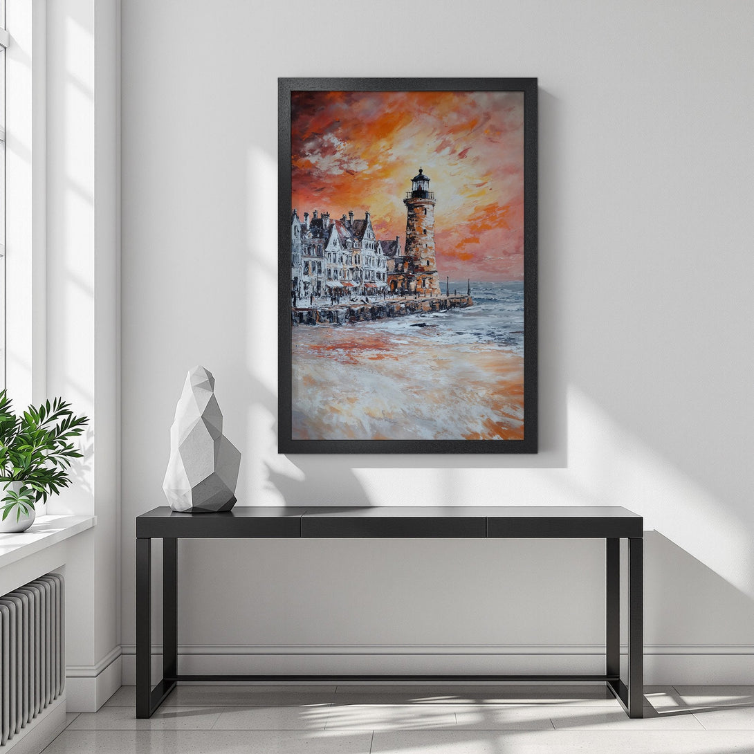 Framed Poster of a lighthouse and coastal buildings, impressionistic style with warm orange and blue tones. Perfect wall art!