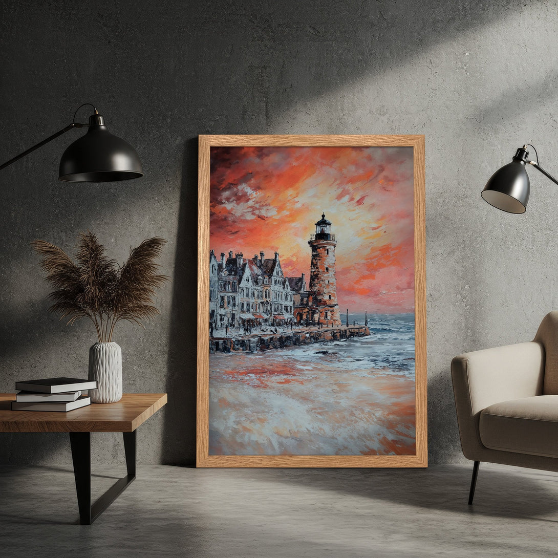 Framed Poster of a lighthouse and town, oil painting style, warm orange and blue color palette. Perfect wall art!