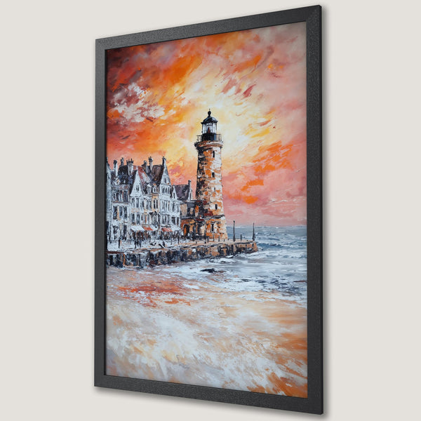 Framed Poster of a lighthouse at sunset. Oil painting style with warm orange and red hues. Coastal art for your home.