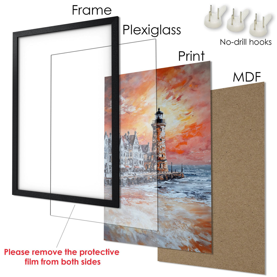 Framed Poster: Lighthouse art print in warm orange tones, ready to hang. Perfect coastal decor!