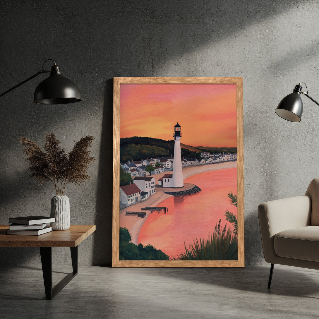 Framed Poster of a lighthouse at sunset. Coastal art print in warm pink and orange tones. Enhance your home decor with this beautiful poster.