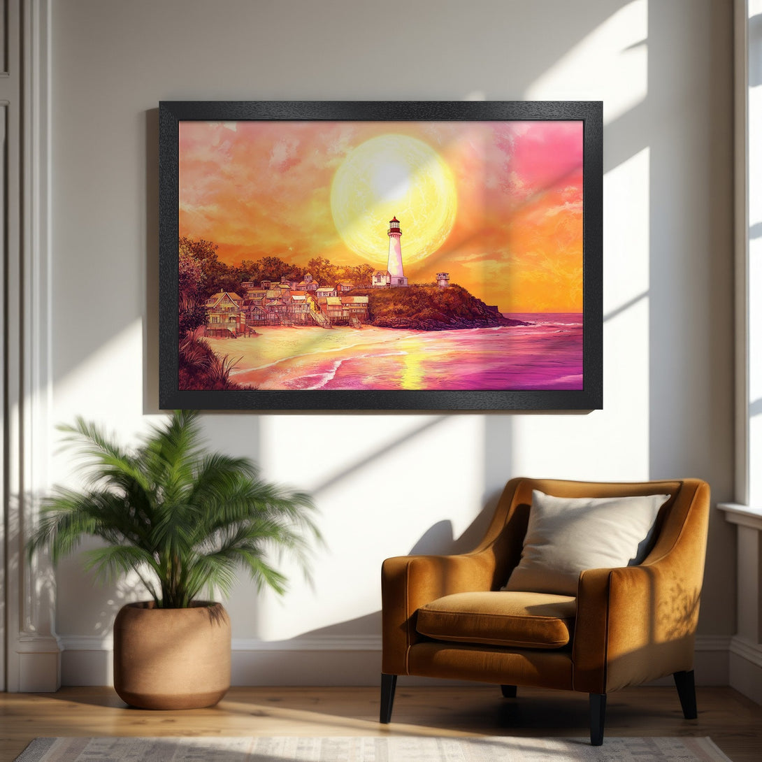 Framed Poster featuring a lighthouse at sunset. Coastal art print in vibrant pink, orange, and yellow hues. Perfect wall decor.
