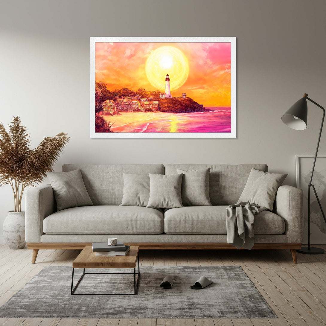 Framed Poster of a lighthouse at sunset, vibrant art in warm pink and orange tones. Perfect wall decor!