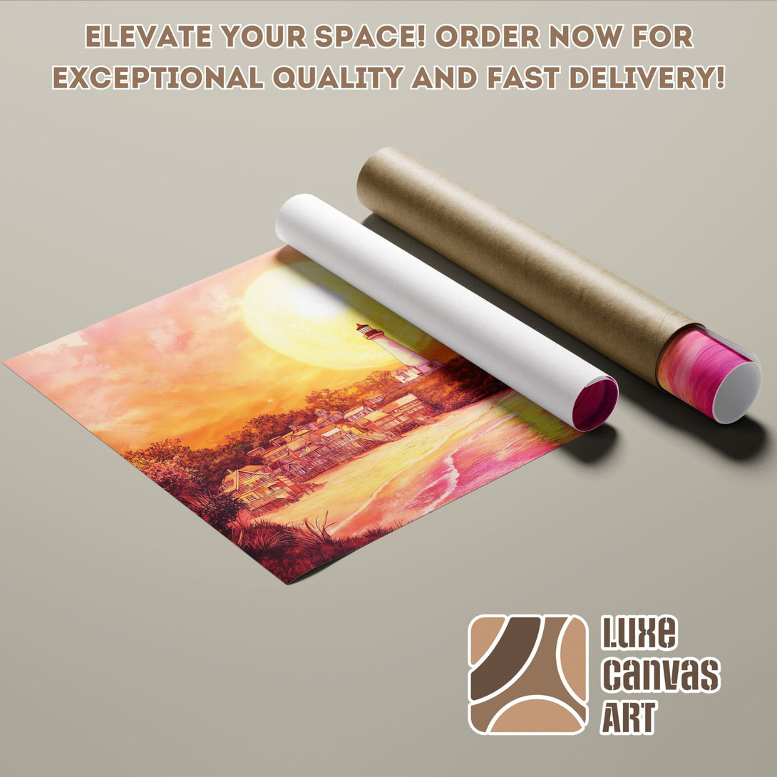 Poster Roll featuring a sunset beach scene in warm orange and pink hues. Elevate your space!