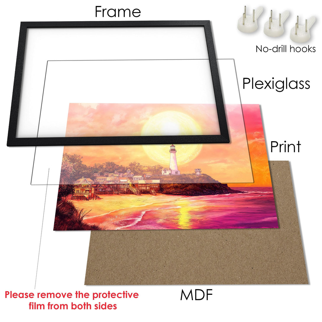 Framed Poster of a lighthouse at sunset. Coastal landscape art in warm orange and pink tones. Perfect wall decor!