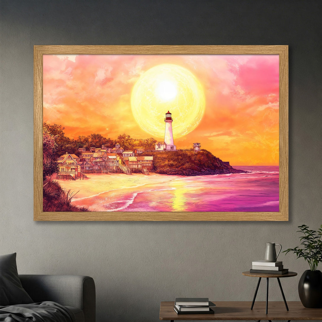 Framed Poster of a lighthouse at sunset. Coastal art print with vibrant pink, orange, and yellow color palette. Perfect wall decor!