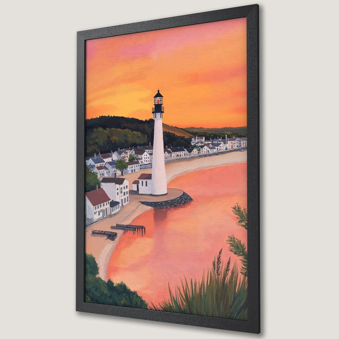 Framed Poster of a coastal lighthouse scene, painted in a warm, sunset color palette. Perfect art for your home!