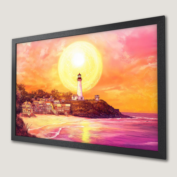 Framed Poster of a lighthouse at sunset. Coastal art print with vibrant orange, pink, and yellow hues.