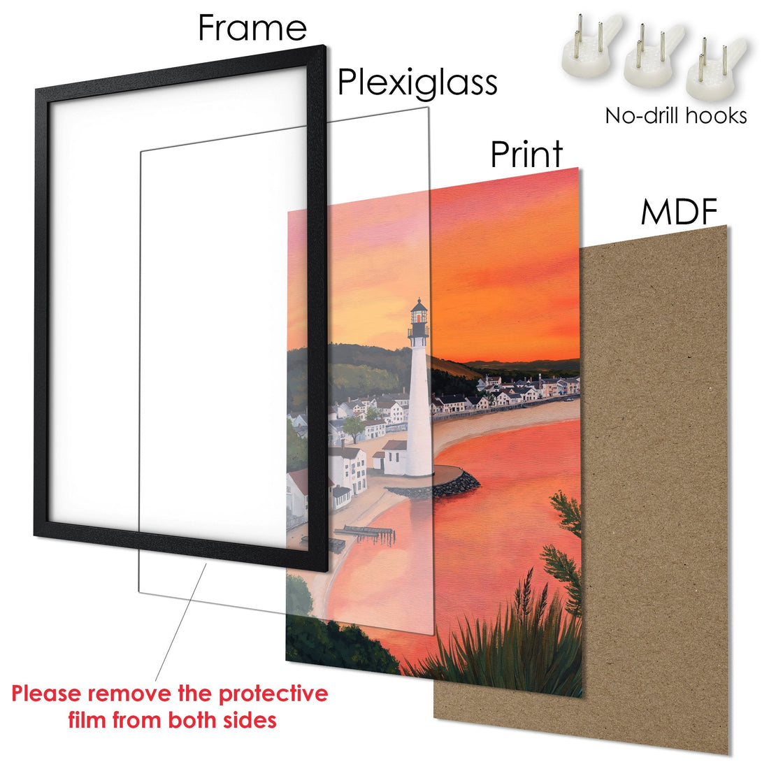 Framed Poster of a coastal sunset scene. Warm orange and pink hues. Perfect wall art for your home.