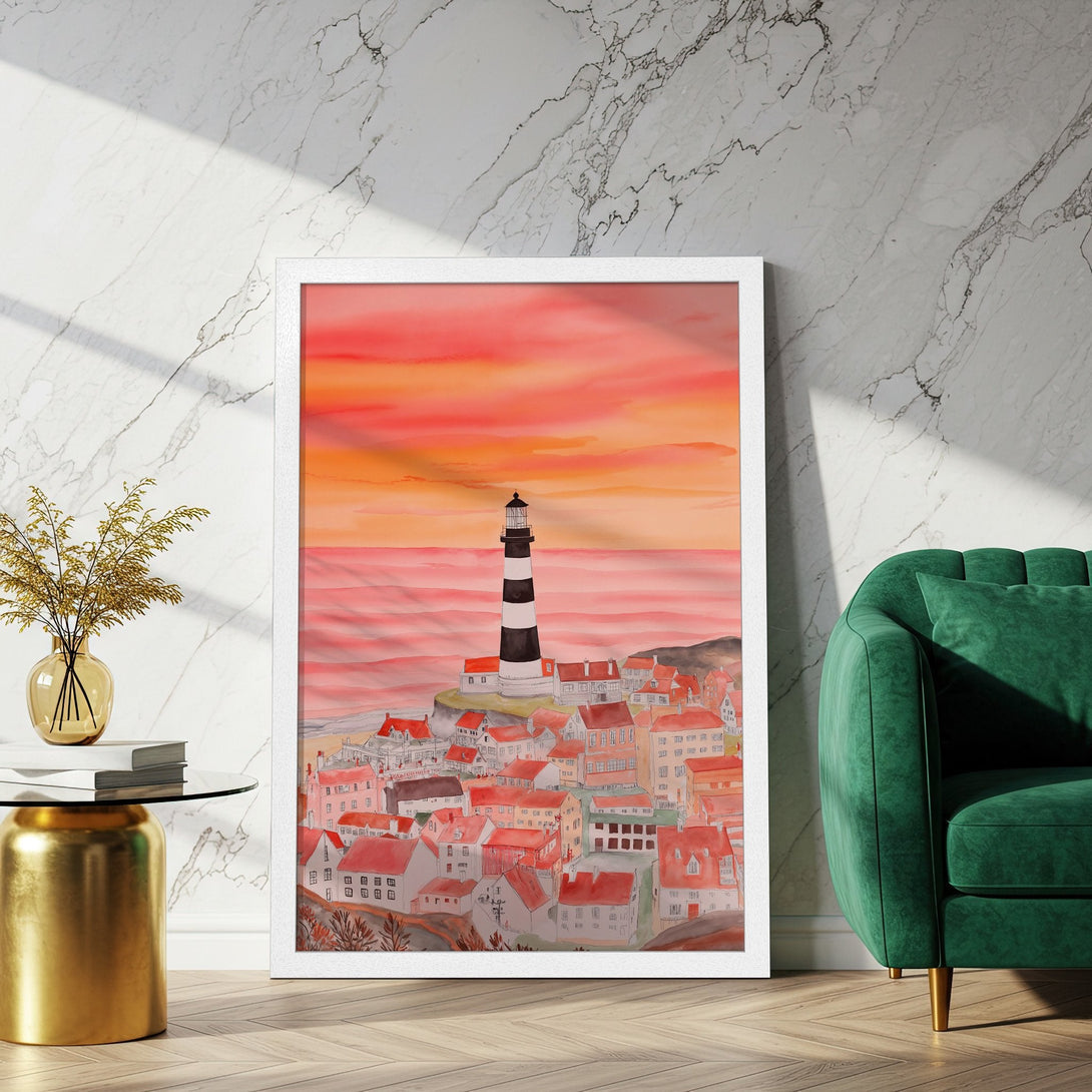 Framed Poster featuring a lighthouse and coastal town, watercolor style with warm red and orange hues. Add a touch of art to your space!