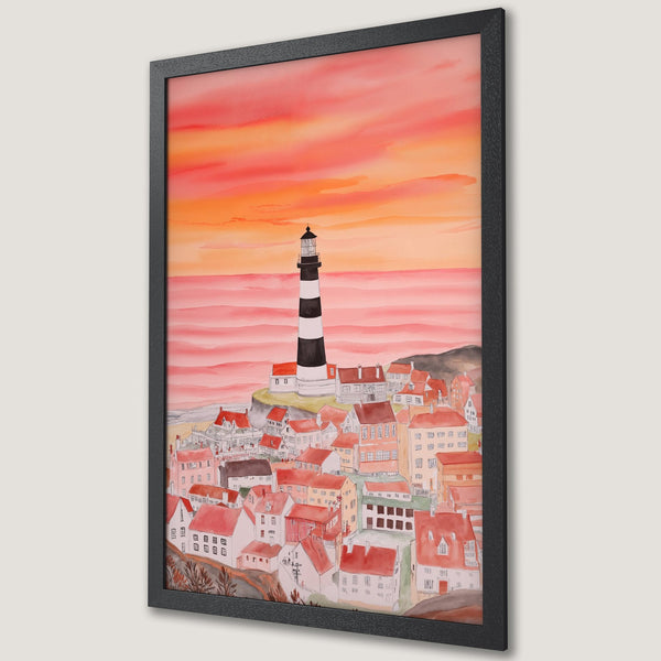 Framed Poster featuring a lighthouse and town watercolor painting. Warm sunset color palette creates a cozy, coastal aesthetic. Perfect wall art!