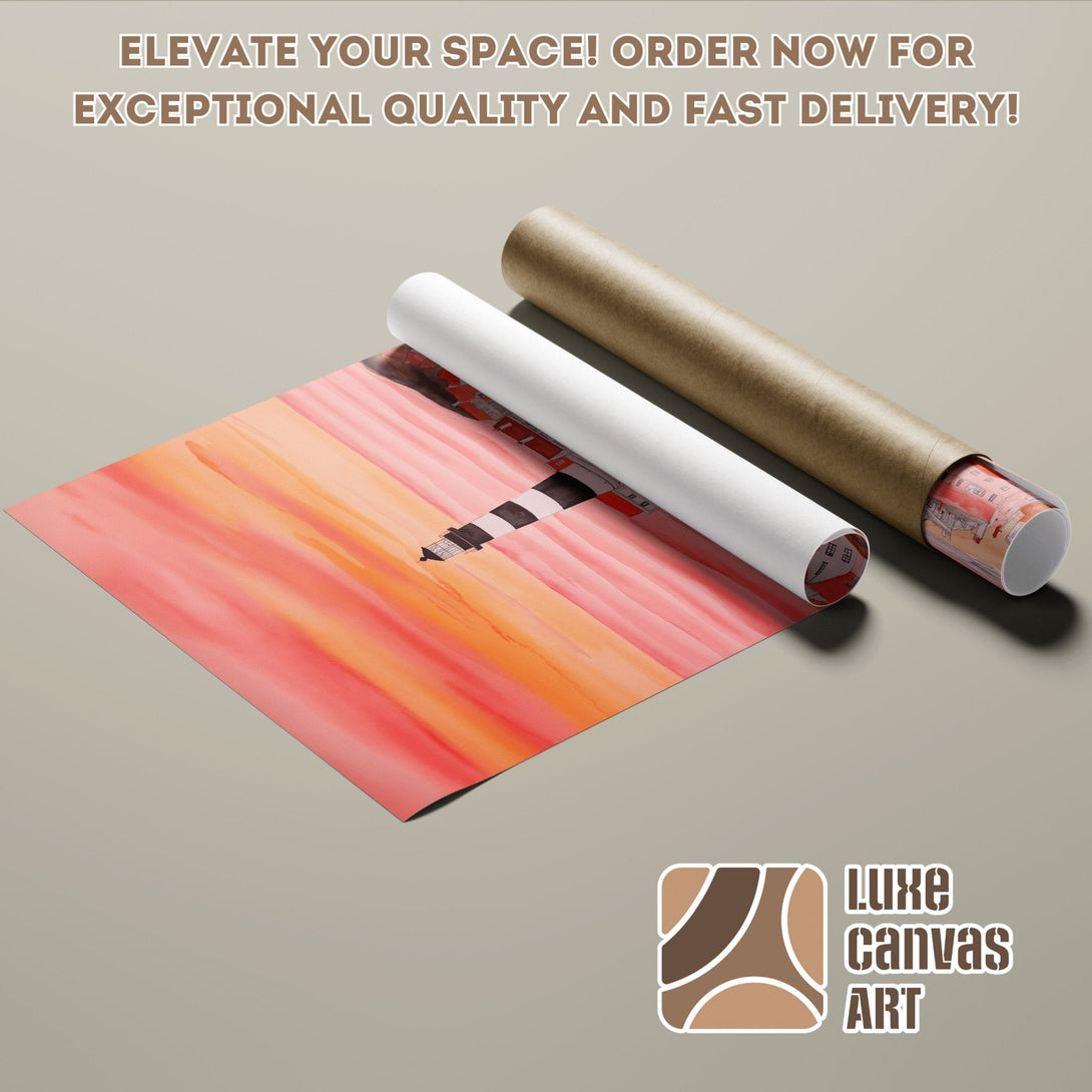Abstract lighthouse poster roll in warm orange and red tones. Elevate your space!